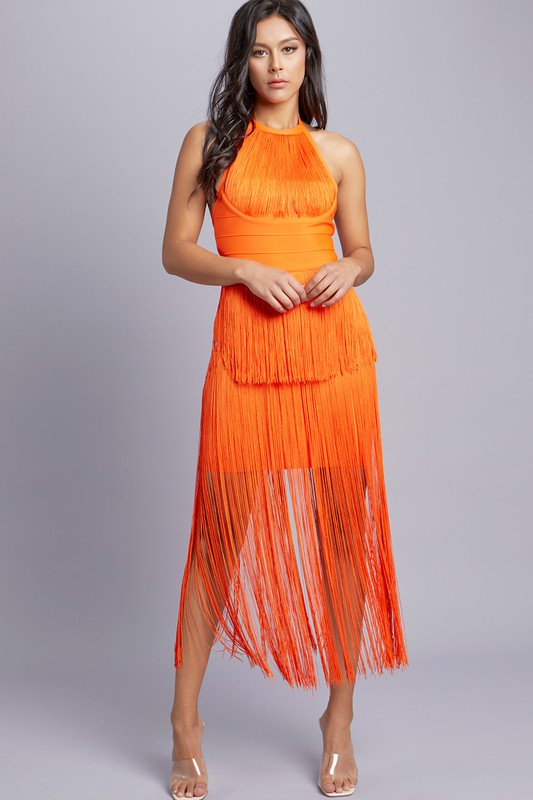 orange fringe dress Alessia | Ombre High-Neck Maxi Available in Size XXL Orange Fringe Dress Sole